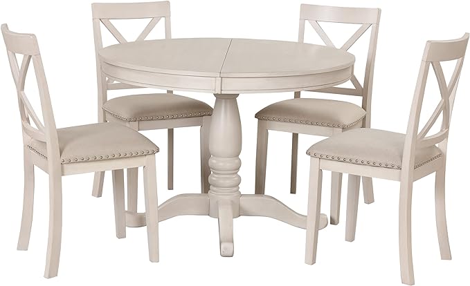 Merax Dining Table Set for 4,Retro Style Chairs with Solid Wood Legs for Kitchen Diningroom, Antique White - LeafyLoom