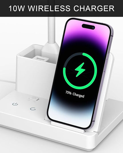 Desk Lamp, Desk Lamps for Home Office with USB Port Pen holder Wireless Charger 360 Gooseneck 3 Color Modes Dimmable Touch Square 800 Lumens CRI 85, Desk Light for college dorm room, White - LeafyLoom