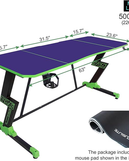63 Inch Gaming Desk, with Carbon Fiber Surface, Lightning-Shaped PC Computer Table, with Headphone Holder, Cup Holder, Cable Management Box, Gaming Table for Gamer, Purple&Green - LeafyLoom