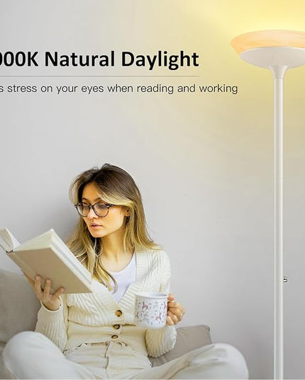 BoostArea Torchiere Floor Lamp, 24W Super Bright LED Standing Lamp, Stepless Dimmable Pole Lamp with 3000K Lighting, Glass Lampshade, 71Inch Tall Metal Modern Floor lamps for Living Room/Bedroom White - LeafyLoom