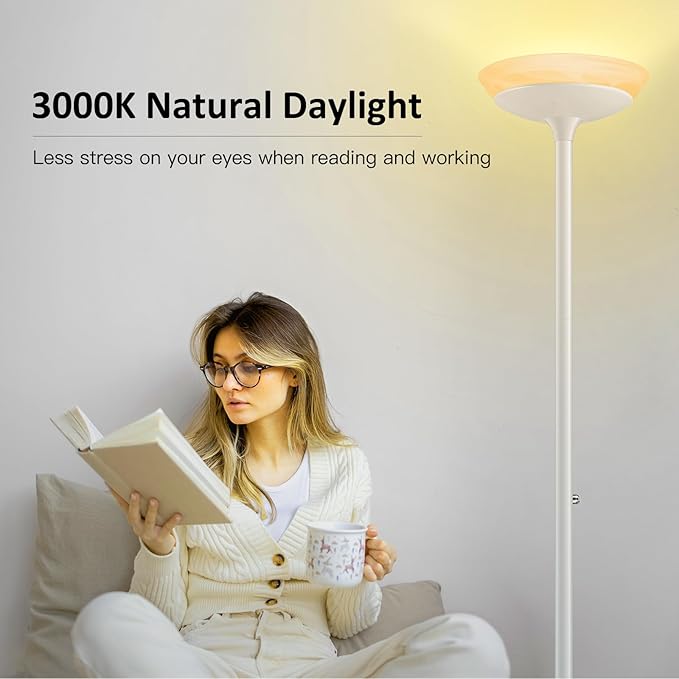 BoostArea Torchiere Floor Lamp, 24W Super Bright LED Standing Lamp, Stepless Dimmable Pole Lamp with 3000K Lighting, Glass Lampshade, 71Inch Tall Metal Modern Floor lamps for Living Room/Bedroom White - LeafyLoom