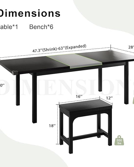 Feonase 7-Piece Dining Table Set with 6 Stools, 63" Large Extendable Kitchen Table Set for 4-8, Mid-Century Dining Room Table with Heavy-Duty Frame, Easy Assembly, Black - LeafyLoom