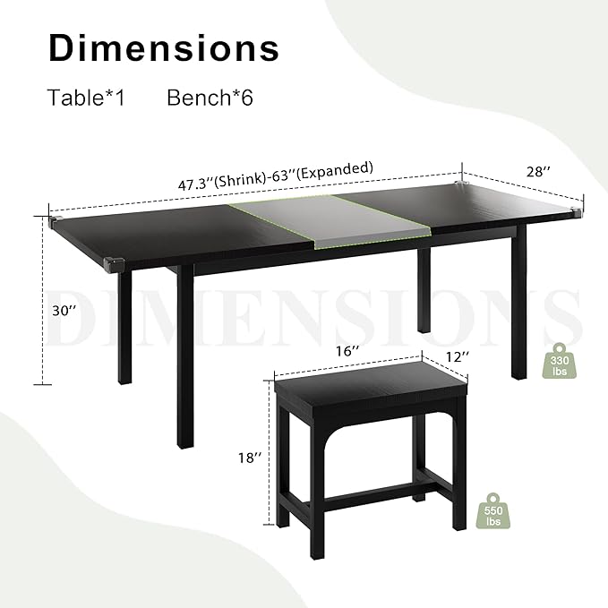 Feonase 7-Piece Dining Table Set with 6 Stools, 63" Large Extendable Kitchen Table Set for 4-8, Mid-Century Dining Room Table with Heavy-Duty Frame, Easy Assembly, Black - LeafyLoom
