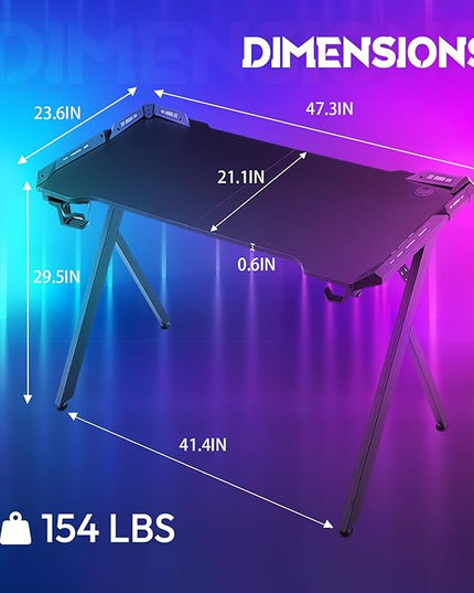 Dowinx Gaming Desk with LED Lights, RGB Gaming Computer Table with Carbon Fibre Surface, LED Home Office Desk with Remote Control, Pc Workstation, 47 Inch, Black - LeafyLoom