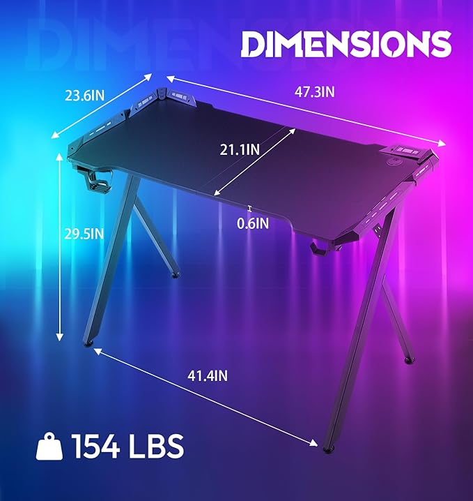 Dowinx Gaming Desk with LED Lights, RGB Gaming Computer Table with Carbon Fibre Surface, LED Home Office Desk with Remote Control, Pc Workstation, 47 Inch, Black - LeafyLoom