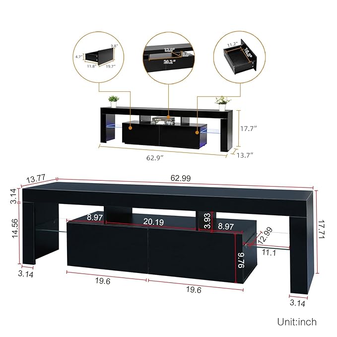 Black TV Stand, 60 65 70 75 inch Wood TV Stand, High Glossy Entertainment Center with Large Drawers＆Glass Display Shelf, LED Modern Media Gaming Cabinet TV Console for Livingroom, Bedroom - LeafyLoom