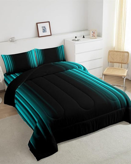 Geometric Abstract Ombre Comforter Set Kids Teens Teal and Black Striped Bedding Bed Set Decor Modern Fashion Comforter Inner Fill Bedroom Collection 3Pcs Full Size - LeafyLoom