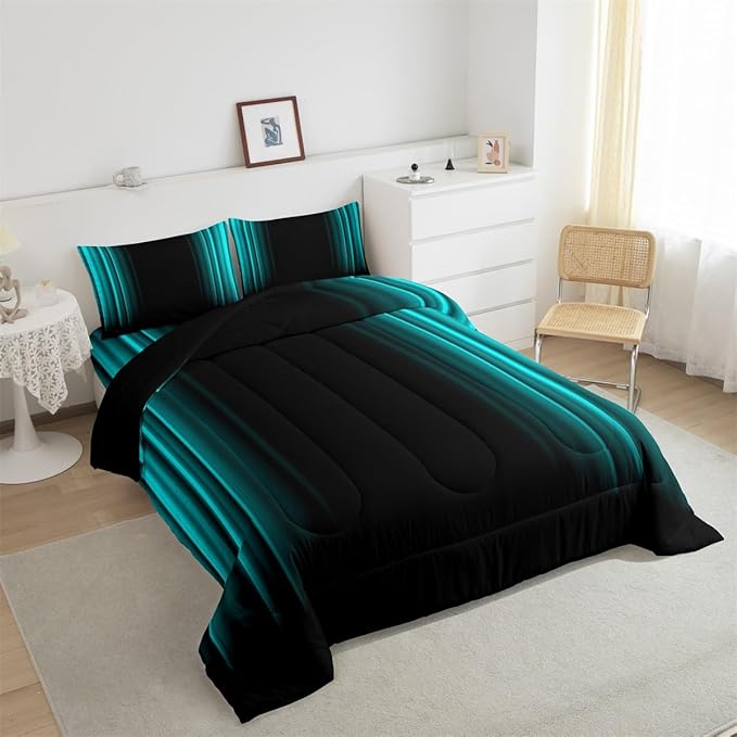 Geometric Abstract Ombre Comforter Set Kids Teens Teal and Black Striped Bedding Bed Set Decor Modern Fashion Comforter Inner Fill Bedroom Collection 3Pcs Full Size - LeafyLoom