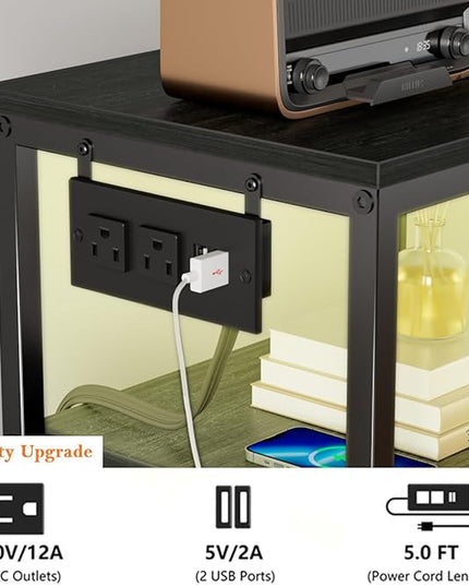Furnulem Vertical Dresser with Charging Station and LED Lights, Black Chest of Drawers with Shelf and 5 Fabric Bins, Tall Nightstand for Entryway, Closet, Bedside Table, Wood Top, Bedroom Furniture - LeafyLoom