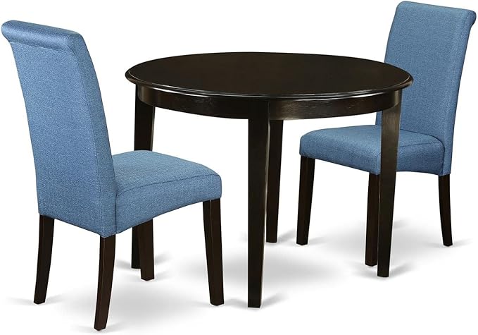 East West Furniture BOBA3-CAP-21 Boston 3 Piece Dinette Set for Small Spaces Contains a Round Kitchen Table and 2 Blue Color Linen Fabric Parson Dining Chairs, Cappuccino, 42x42 Inch - LeafyLoom