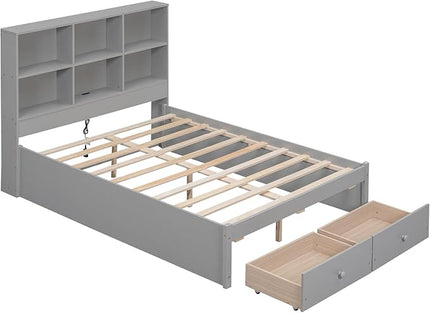 Full Size Platform Bed with Storage Headboard Bookcase, 2 Drawers Underneath and Charging Station, for Bedroom/Guest Room, Gray - LeafyLoom
