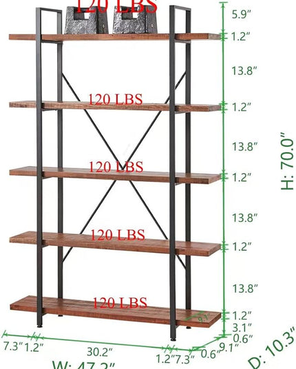 HSH Natural Real Wood Bookcase, 5 Tier Industrial Rustic Vintage Etagere Bookshelf, Open Metal Farmhouse Solid Wooden Book Shelf, Distressed Brown - LeafyLoom