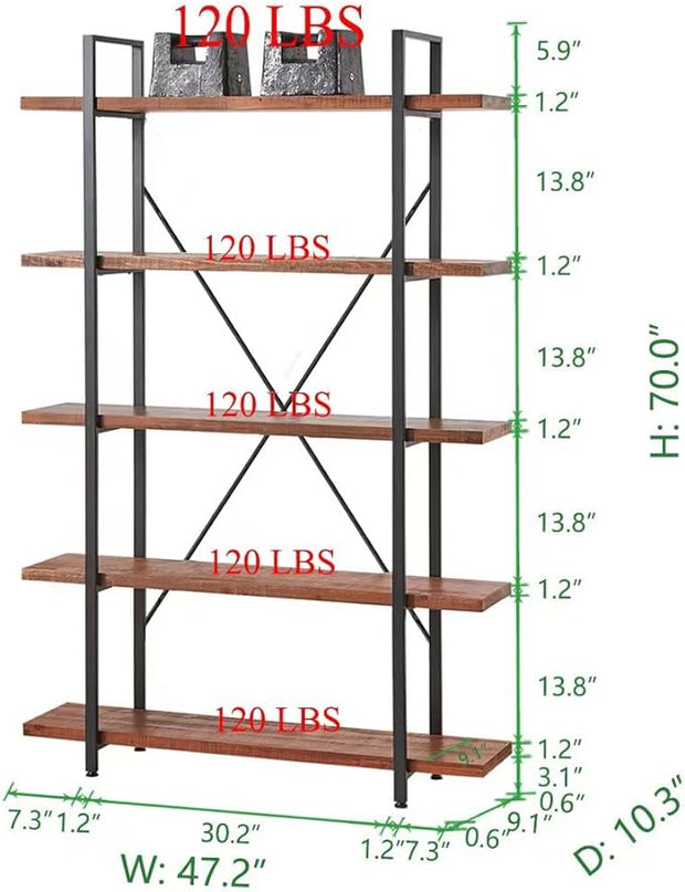 HSH Natural Real Wood Bookcase, 5 Tier Industrial Rustic Vintage Etagere Bookshelf, Open Metal Farmhouse Solid Wooden Book Shelf, Distressed Brown - LeafyLoom