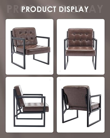 COLAMY Mid Century Modern Accent Chair Set of 2, Comfy Living Room Chair, Brown Leather Accent Chair, Faux Leather Reception Armchair with Metal Legs for Living Room Bedroom Reception Office, Brown - LeafyLoom