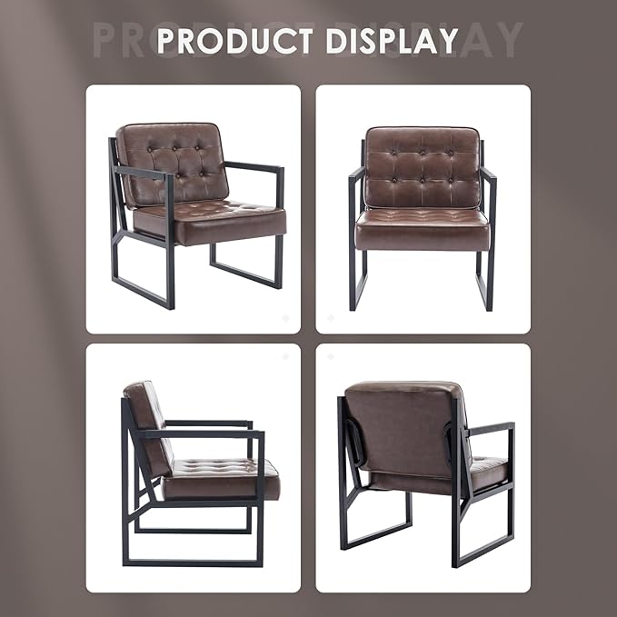 COLAMY Mid Century Modern Accent Chair Set of 2, Comfy Living Room Chair, Brown Leather Accent Chair, Faux Leather Reception Armchair with Metal Legs for Living Room Bedroom Reception Office, Brown - LeafyLoom