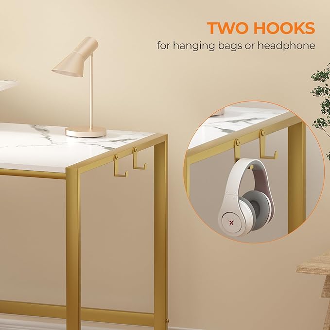 GreenForest Computer Desk with Storage Printer Shelf, 67 inch Home Office Vanity Desk with Movable Monitor Stand and 2 Headphone Hook for PC Makeup Writing Study, White and Golden - LeafyLoom