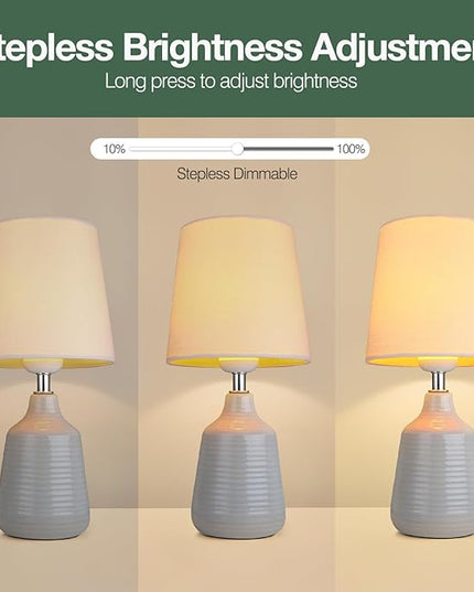 AIDENOEY Small Table Lamp for Bedroom -Bedside Desk Reading Lamps with 3 Way DimmableTouch Control,Nightstand Ceramic Lamp with Fabric Shade for Kids Room,Living Room,Dorm,Home Office (Light Grey) - LeafyLoom