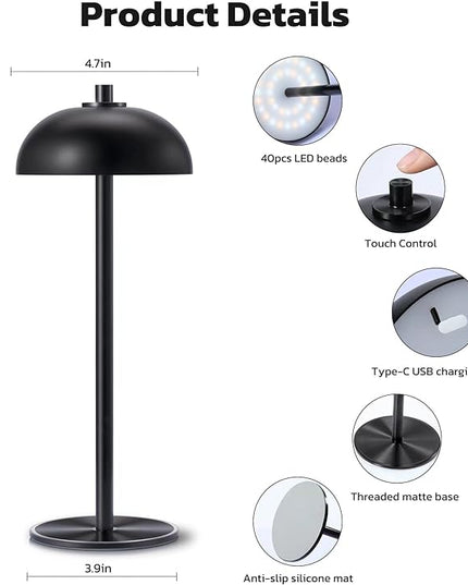 Cordless Table Lamp Rechargeable - 5000mAh Battery Powered Table Light, 3 Color Stepless Dimmable LED Table Lamp with Memory Function for Indoor, Outdoor, Dinner, Home, Restaurant.(Black) - LeafyLoom