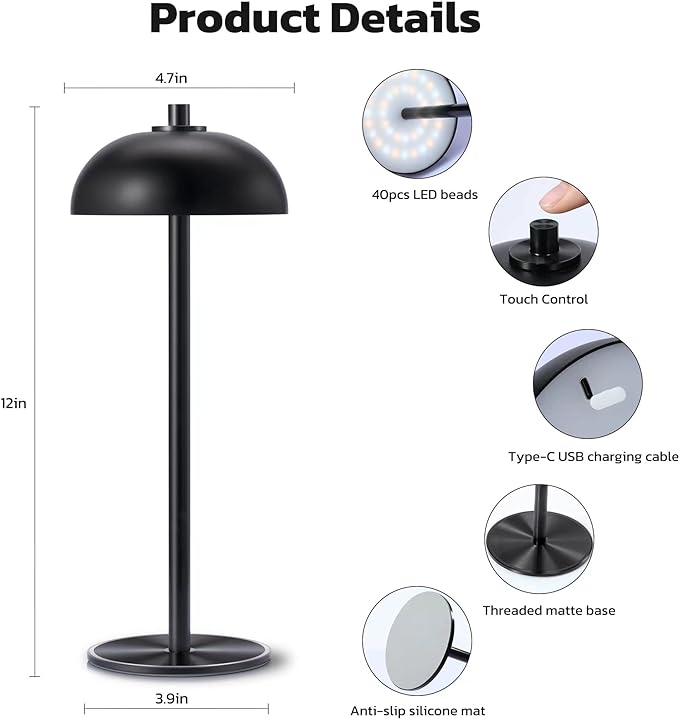 Cordless Table Lamp Rechargeable - 5000mAh Battery Powered Table Light, 3 Color Stepless Dimmable LED Table Lamp with Memory Function for Indoor, Outdoor, Dinner, Home, Restaurant.(Black) - LeafyLoom