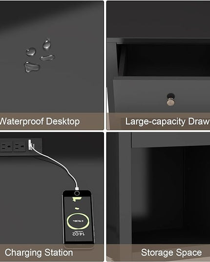 ChooChoo Nightstand with Charging Station, Wooden Top Bedside Table with Drawer and Storage Space for Bedroom, Black - LeafyLoom