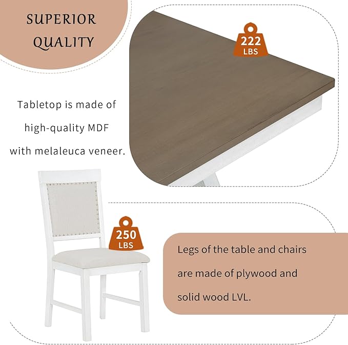 NicBex Dining Table Set for 4 Kitchen & Dining Room Tables 5-Piece Retro Dining Set, Rectangular Wooden Dining Table and 4 Upholstered Chairs for Dining Room and Kitchen, Brown + White - LeafyLoom