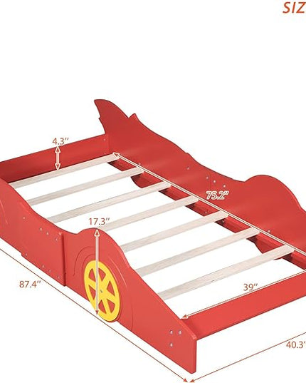 Car Shaped Toddler Bed with Wheels,Racecar Platform Beds W/Safety Guardrail,Slats Support,Stylish Design,Easy Assembly,Wood Twin Bedframe for Boys Toddlers Kids Teens Bedroom,Red - LeafyLoom