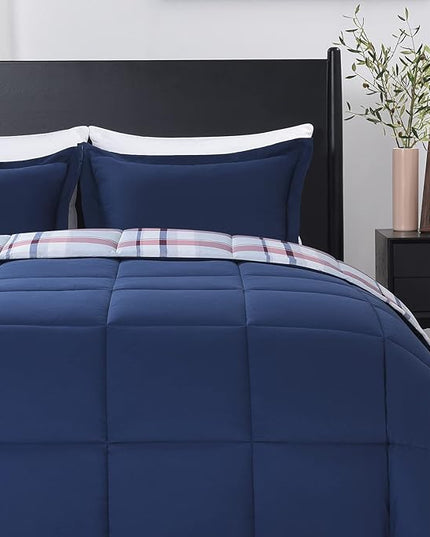 downluxe King Size Comforter Set (104"x92") 3-Piece,Plaid Navy Reversible Comforter,2 Reversible Pillow Shams 20"x36",Microfiber King Comforter,Soft and Comfortable - LeafyLoom
