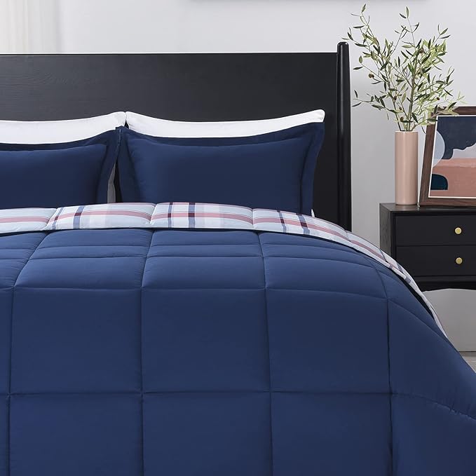 downluxe King Size Comforter Set (104"x92") 3-Piece,Plaid Navy Reversible Comforter,2 Reversible Pillow Shams 20"x36",Microfiber King Comforter,Soft and Comfortable - LeafyLoom