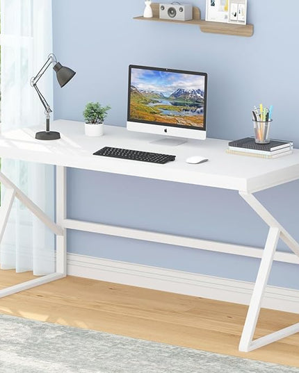HSH White Computer Desk, Modern Wood Home Office Desk, PC Desk for Executive Work Writing Study Gaming Student Bedroom, Farmhouse Simple Wooden and Metal Computer Table Workstation, White Oak 55 Inch - LeafyLoom