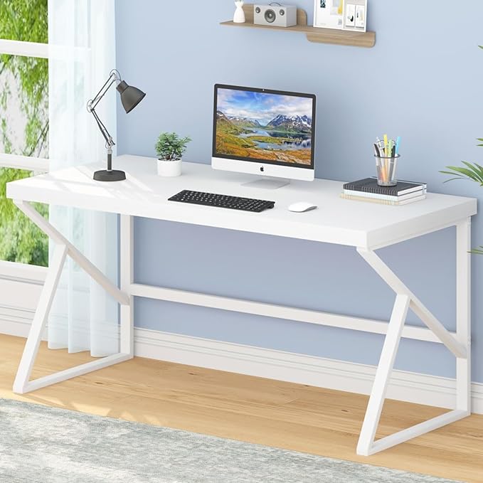HSH White Computer Desk, Modern Wood Home Office Desk, PC Desk for Executive Work Writing Study Gaming Student Bedroom, Farmhouse Simple Wooden and Metal Computer Table Workstation, White Oak 55 Inch - LeafyLoom