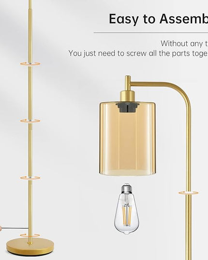 Industrial Floor Lamp, Gold Standing Lamp with Gold Glass Lampshade, 6W LED Bulb Included, Modern Floor Lamp with Foot Switch, Bright LED Floor Lamp for Living Room and Bedroom, Office, Simple Style - LeafyLoom