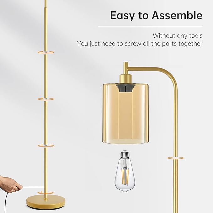 Industrial Floor Lamp, Gold Standing Lamp with Gold Glass Lampshade, 6W LED Bulb Included, Modern Floor Lamp with Foot Switch, Bright LED Floor Lamp for Living Room and Bedroom, Office, Simple Style - LeafyLoom