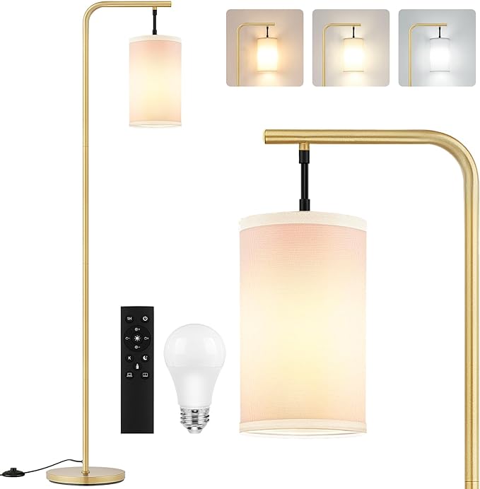 Floor Lamp for Living Room, 9W LED Bulb, Remote Custom Color Temperature & Brightness, Standing Lamps for Bedroom Office Kid Room, Gold - LeafyLoom