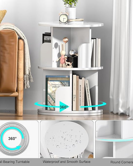 Nidouillet Small Rotating Bookshelf, 2Tier Revolving Bookcase 360 Display Round Bookshelf Narrow Swivel Corner Book Shelf Standing Bookcase for Adult Bedroom, Living Room - LeafyLoom