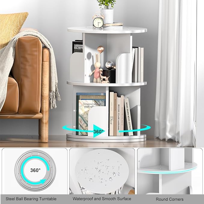 Nidouillet Small Rotating Bookshelf, 2Tier Revolving Bookcase 360 Display Round Bookshelf Narrow Swivel Corner Book Shelf Standing Bookcase for Adult Bedroom, Living Room - LeafyLoom