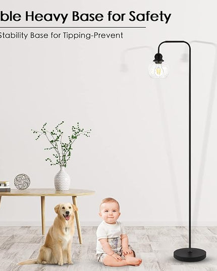 Modern Floor Lamp for Living Room with 6W LED Bulb, Industrial Floor Lamp, Seeded Glass, Black Classic Reading Tall Lamp for Home Office, Standing Lamps for Bedroom, Minimalist, Vintage, Farmhouse - LeafyLoom