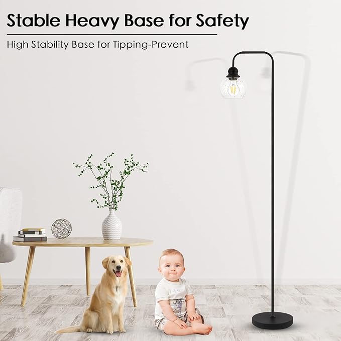 Modern Floor Lamp for Living Room with 6W LED Bulb, Industrial Floor Lamp, Seeded Glass, Black Classic Reading Tall Lamp for Home Office, Standing Lamps for Bedroom, Minimalist, Vintage, Farmhouse - LeafyLoom