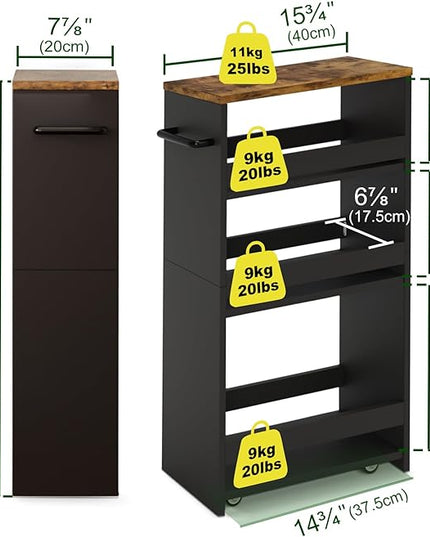 TEAMIX 4 Tier Slim Storage Cart with Handle, Slide Out Storage Rolling Utility Cart Mobile Shelving Unit Organizer Trolley for Small Spaces Kitchen Laundry Narrow Places (Black+Brown, 7-7/8'' W) - LeafyLoom