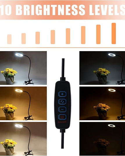 LED Clip On Light Reading Light, 10 Dimmable Brightness Gooseneck Clamp Desk Ring Light with Metal Bookmark for Reading Makeup Bedside (Size:Lamp+Bookmark) - LeafyLoom