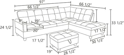 ROOMTEC Button Modern L Shape Sectional Sofa Set, Upholstered Corner Couch with Storage Ottoman, Flannel Tufted Cushions, for Living Room, Apartment, 97inch, Red w/Right Chaise Lounge - LeafyLoom
