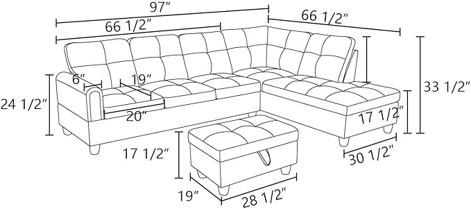 ROOMTEC Button Modern L Shape Sectional Sofa Set, Upholstered Corner Couch with Storage Ottoman, Flannel Tufted Cushions, for Living Room, Apartment, 97inch, Red w/Right Chaise Lounge - LeafyLoom