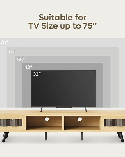 Bestier Mid Century Modern TV Stand for 75 inch TV, LED Entertainment Center with Storage and Sliding Doors, Low Profile TV Consoles for Living Room, White Maple - LeafyLoom