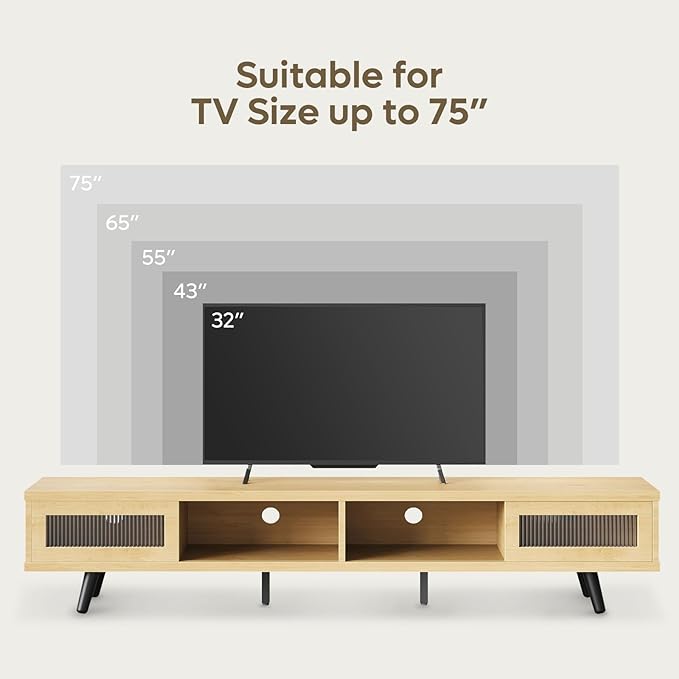 Bestier Mid Century Modern TV Stand for 75 inch TV, LED Entertainment Center with Storage and Sliding Doors, Low Profile TV Consoles for Living Room, White Maple - LeafyLoom