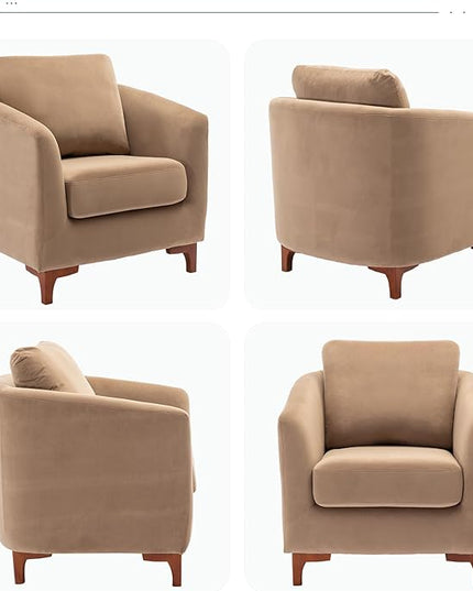 COLAMY Velvet Accent Chair with Storage Ottoman Set, Upholstered Barrel Arm Chair with Footrest, Modern Living Room Chair with Back Pillow, Camel - LeafyLoom