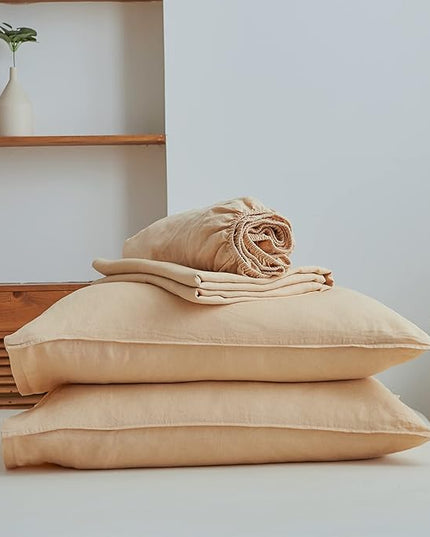 Simple&Opulence 100% Linen Sheet Set Solid Color-4 Pcs Washed French Linen Bed Sheets(1 Flat Sheet,1 Fitted Sheet,2 Pillowcases)-Breathable Bedding Set (Queen, Sand) - LeafyLoom