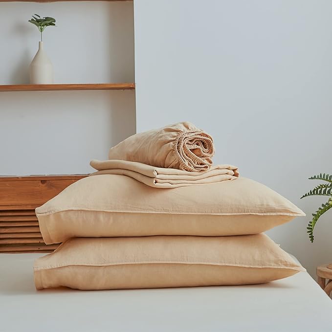 Simple&Opulence 100% Linen Sheet Set Solid Color-4 Pcs Washed French Linen Bed Sheets(1 Flat Sheet,1 Fitted Sheet,2 Pillowcases)-Breathable Bedding Set (Queen, Sand) - LeafyLoom