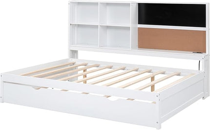 Wooden Full Size Daybed with Twin Trundle, USB Ports, Storage Shelves, Blackboard, Cork board, White - LeafyLoom