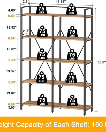BON AUGURE Industrial Bookshelves and Bookcases, 5 Tier Heavy Duty Etagere Shelving Unit, Farmhouse Rustic Wood Metal Book Shelves for Office, Living Room and Bedroom (Vintage Oak, 43.31 inch Wide) - LeafyLoom