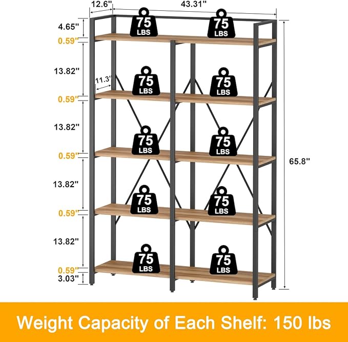 BON AUGURE Industrial Bookshelves and Bookcases, 5 Tier Heavy Duty Etagere Shelving Unit, Farmhouse Rustic Wood Metal Book Shelves for Office, Living Room and Bedroom (Vintage Oak, 43.31 inch Wide) - LeafyLoom