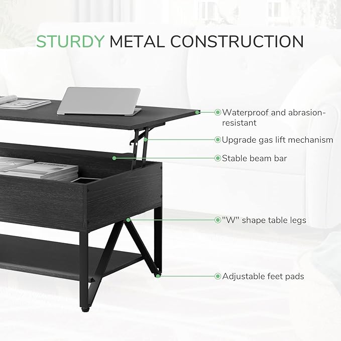 Novilla Lift Top Coffee Table with Storage 40 Inch Wood Lift Up Center Table for Living Room Tea Table with Hidden Compartment Rising Tabletop Table Cocktail Table, Black - LeafyLoom